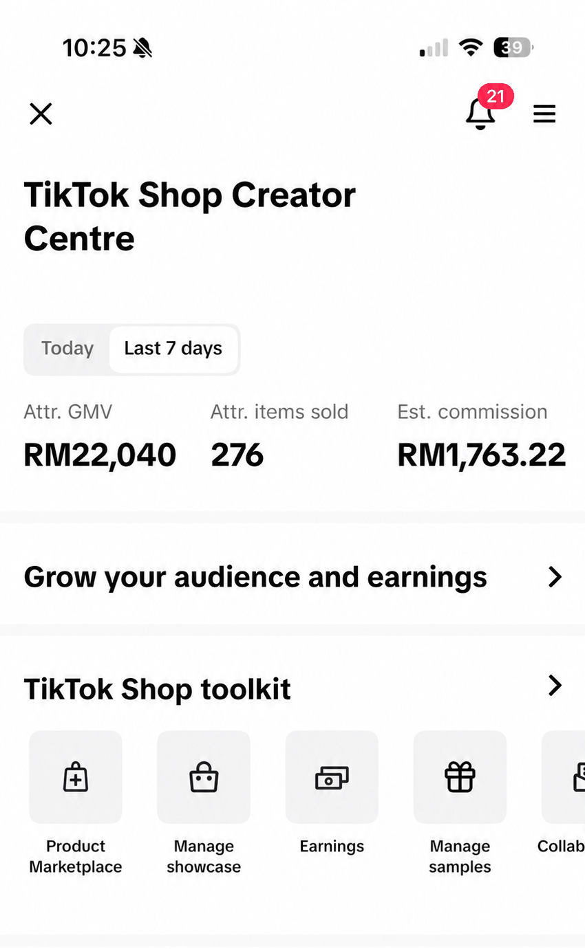 Skrin TikTok Shop Creator Centre menunjukkan GMV RM22,040, 276 item terjual dan anggaran komisen RM1,763.22 untuk 7 hari